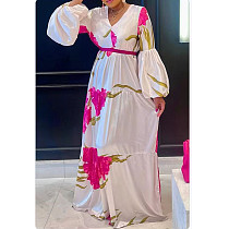 Fashion Flower Printed Multilayer Splicing Long Sleeves Maxi Dress GT-9168