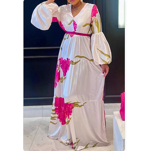 Fashion Flower Printed Multilayer Splicing Long Sleeves Maxi Dress GT-9168