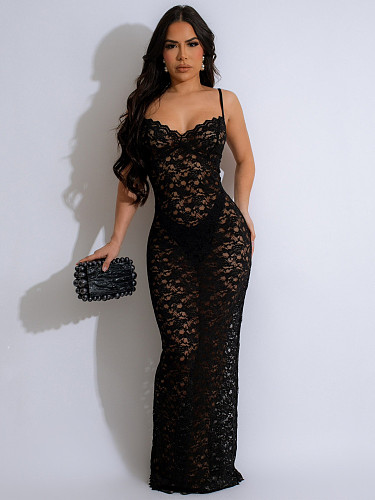 Sexy Transparent Black Lace Straps Slim Long Party Dresses AIL-266