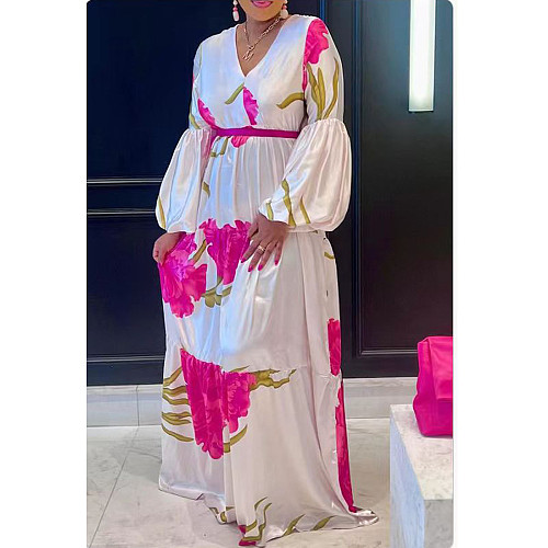 Fashion Flower Printed Multilayer Splicing Long Sleeves Maxi Dress GT-9168
