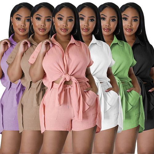 Women Bandage Summer Tracksuit Two Piece Set Shirt + Short Pants YPG-1203