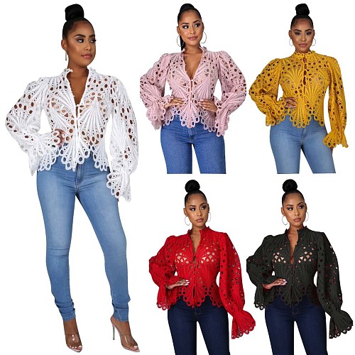 Sexy Lace Long Sleeve Ruffled Tops Cute Puff Flare Blouses YPG-1149