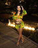 Women Colorful Print Long Sleeves Bodycon Club Short Pants Set 2pcs YPG-1189
