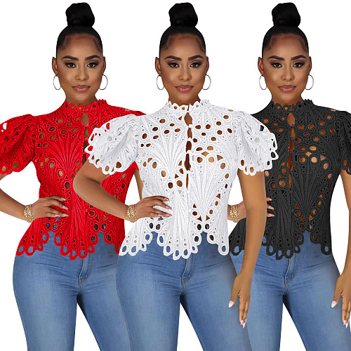 Short Sleeve Hollow Out Mesh Lace Shirt Sheer See Through Top YPG-1184