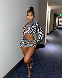 Women Colorful Print Long Sleeves Bodycon Club Short Pants Set 2pcs YPG-1189