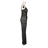Sexy Transparent Black Lace Straps Slim Long Party Dresses AIL-266