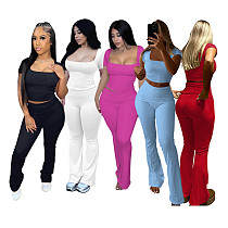 U-Neck Top Short Sleeve Solid Trousers Two Piece XRB-10081