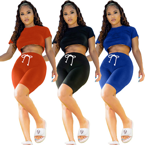 Short Sleeve Crop Tops T-shirt Legging Shorts Suit Outfit YPG-1094