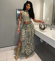 Women's Fashion Hand-worn Ripped Vest Slit Denim Skirt 2 Pieces Set RS-A40212