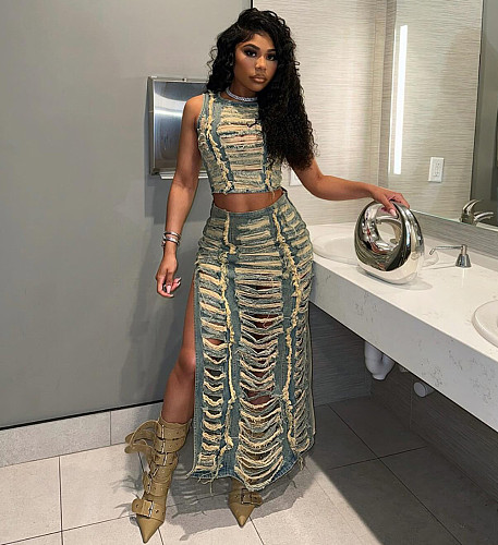 Women's Fashion Hand-worn Ripped Vest Slit Denim Skirt 2 Pieces Set RS-A40212