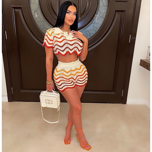 Crochet Knitted Stripe Two Piece Shorts Set TR-1268