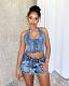 Women Halterneck Binding Cross Wash Sleeveless Casual Mini Skirt Denim Set CM-8717