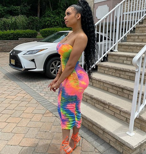 Tie Dye Print Strapless Bodycon Ruched Dresses WSM-5320