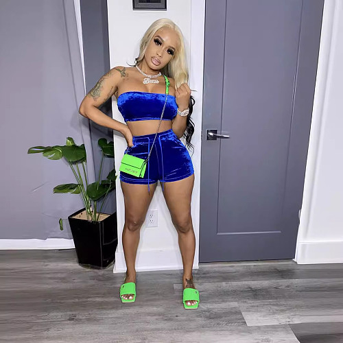 Women Velvet Cropped Top Biker Short Skinny Two Piece Outfits LSL-6414