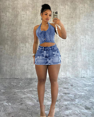 Women Halterneck Binding Cross Wash Sleeveless Casual Mini Skirt Denim Set CM-8717
