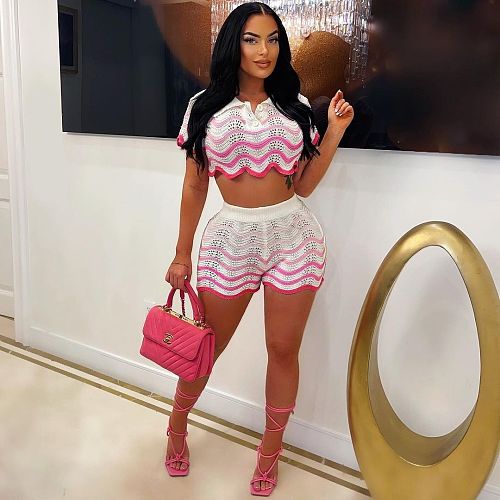 Crochet Knitted Stripe Two Piece Shorts Set TR-1268