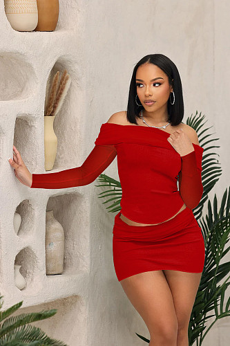 Off Shoulder Mesh Top and Mini Skrit Casual Two-piece Set XRB-10079