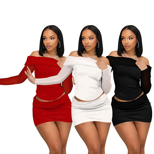 Off Shoulder Mesh Top and Mini Skrit Casual Two-piece Set XRB-10079