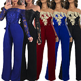 Womens Off Shoulder Lace Jumpsuit Formal Wide-leg Pants OSM-3227