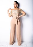 Womens Off Shoulder Lace Jumpsuit Formal Wide-leg Pants OSM-3227