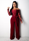 Womens Off Shoulder Lace Jumpsuit Formal Wide-leg Pants OSM-3227