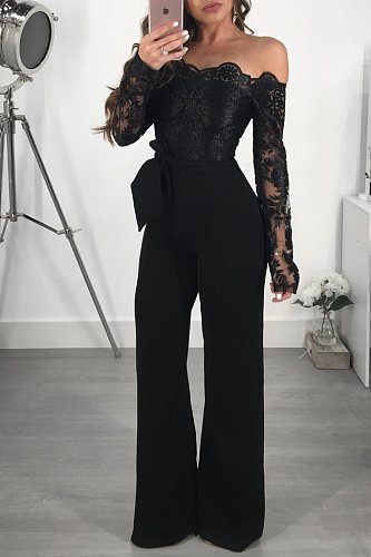 Womens Off Shoulder Lace Jumpsuit Formal Wide-leg Pants OSM-3227