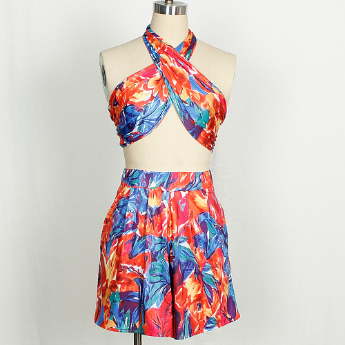 Crop Tops and Shorts Skirt Red Printed Sexy Backless Mini Outfits Sets RS-2733