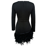 2024 Sexy Deep-V Long Sleeves Feather Package Hips Mini Dress RS-0606