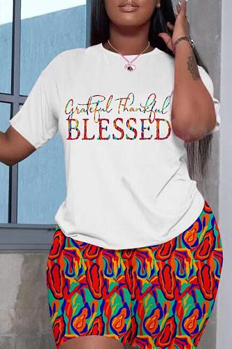 Premium White Casual Print Basic O Neck Short Sleeve Two-Piece Set RS-A26TZ