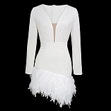 2024 Sexy Deep-V Long Sleeves Feather Package Hips Mini Dress RS-0606