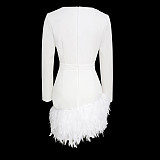 2024 Sexy Deep-V Long Sleeves Feather Package Hips Mini Dress RS-0606