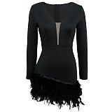 2024 Sexy Deep-V Long Sleeves Feather Package Hips Mini Dress RS-0606