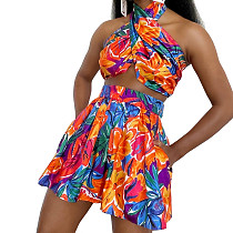 Crop Tops and Shorts Skirt Red Printed Sexy Backless Mini Outfits Sets RS-2733