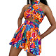 Crop Tops and Shorts Skirt Red Printed Sexy Backless Mini Outfits Sets RS-2733