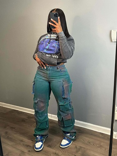 Vintage Pockets Women Denim Pants Loose Casual Streetwear Jeans CH-88009
