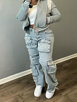 Girls Elastic Pockets Middle Waist Denim Long Pants CH-88003