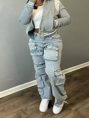 Girls Elastic Pockets Middle Waist Denim Long Pants CH-88003