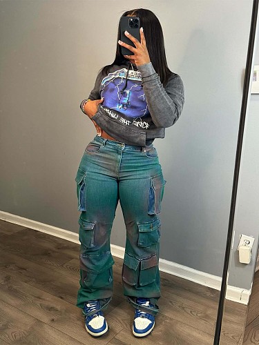 Vintage Pockets Women Denim Pants Loose Casual Streetwear Jeans CH-88009