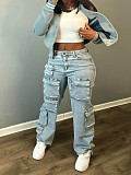Girls Elastic Pockets Middle Waist Denim Long Pants CH-88003