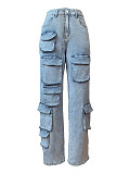 Girls Elastic Pockets Middle Waist Denim Long Pants CH-88003