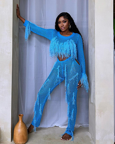 Girl Hollow Out Tassel Knit Stretch Jumpsuit ZS-0310