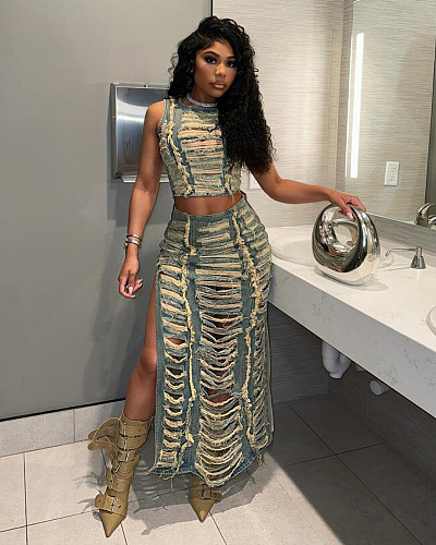 Women Denim Washed Distressed Top & Maxi Skirt Set ZS-0660
