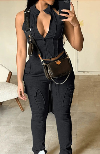Women Zipper Sleeveless Top And Pockets Pants 2 Pieces Suits RS-2442