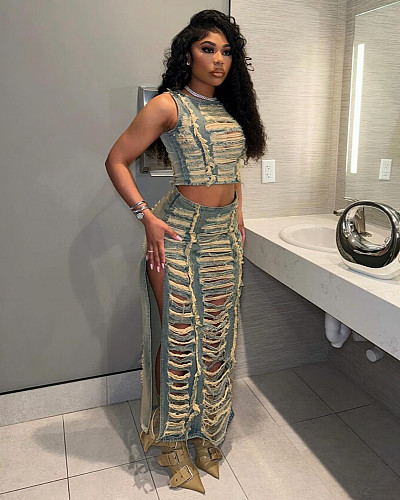 Women Denim Washed Distressed Top & Maxi Skirt Set ZS-0660