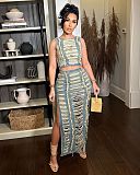 Women Denim Washed Distressed Top & Maxi Skirt Set ZS-0660
