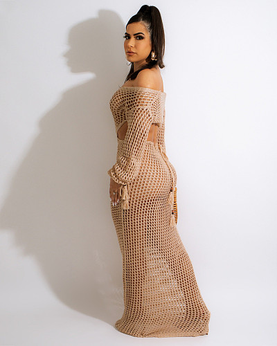 Sexy Hollow-out Knitted Deep-V Women Summer Beach Smock Long Dress ZS-0252