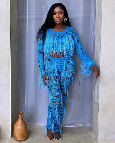 Girl Hollow Out Tassel Knit Stretch Jumpsuit ZS-0310