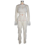 Girl Hollow Out Tassel Knit Stretch Jumpsuit ZS-0310