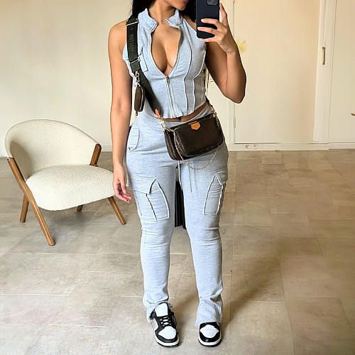 Women Zipper Sleeveless Top And Pockets Pants 2 Pieces Suits RS-2442