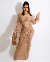 Sexy Hollow-out Knitted Deep-V Women Summer Beach Smock Long Dress ZS-0252